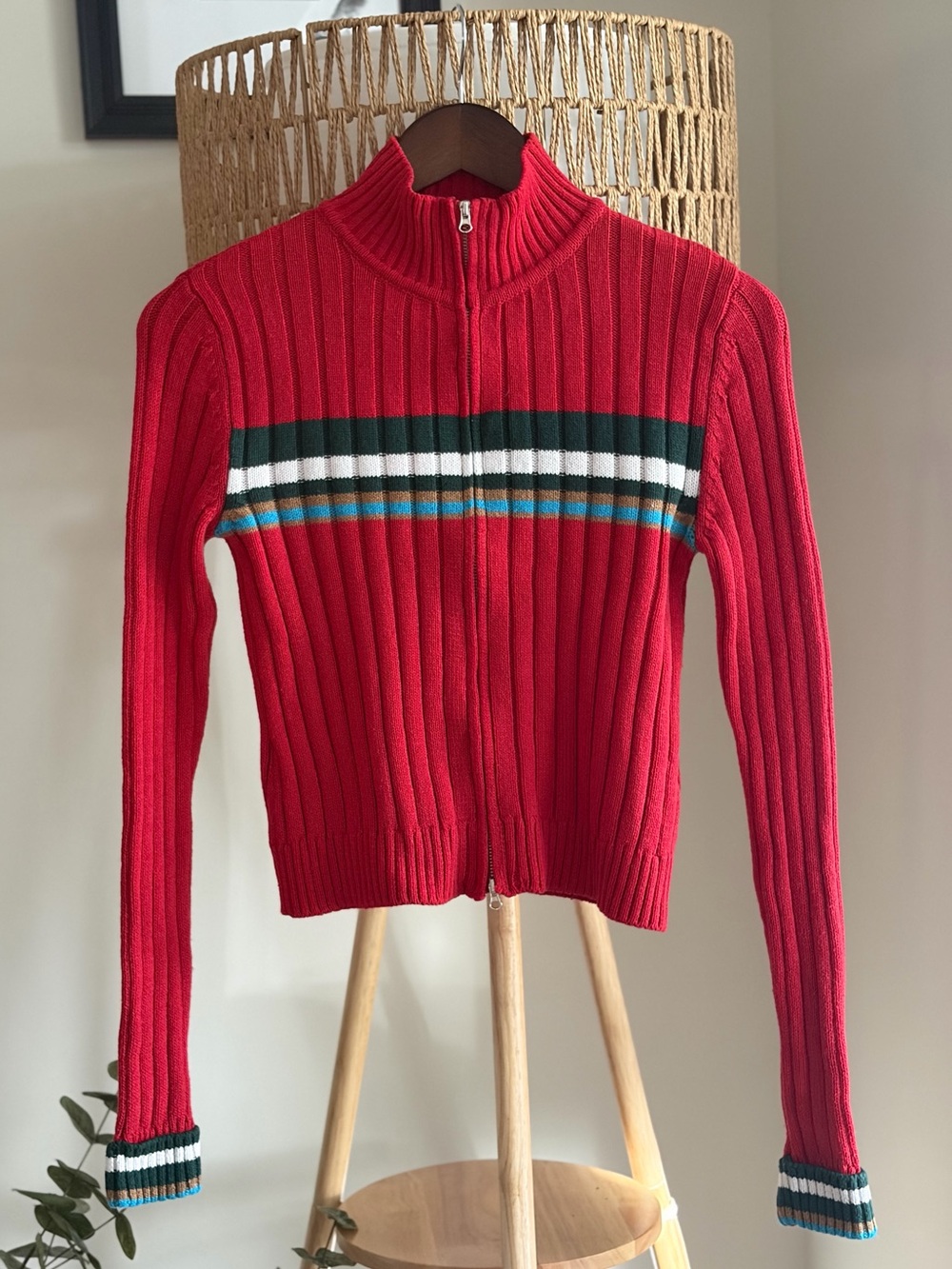 Urban Outfitters BDG Red Ribbed Zip-Up Sweater with Multi-Stripe Detail